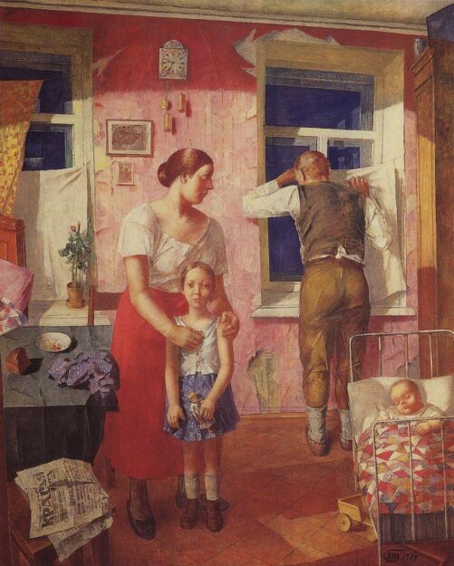 Painting of a family sheltering in place in their home